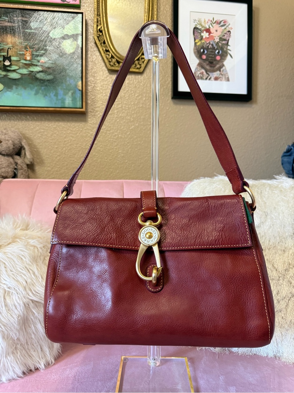 💯Auth! Dooney & Bourke Florentine Brown Leather LIBBY Bag Green Suede Interior